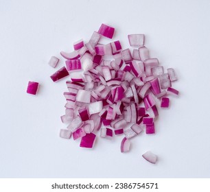 Red or purple onion chopped into small pieces in stack or pile is isolated on white background. Red onions cuts - Powered by Shutterstock