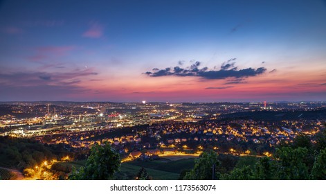 Red And Purple Sunset Over City Of Stuttgart Germany On Summer Evening