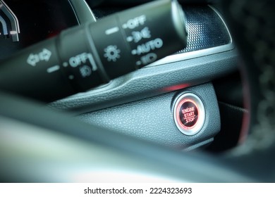 Red Push Engine Start And Stop Button On Car Icon Of Car Background. New Technology Of Car. Transportation And Sefety