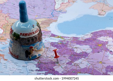 Red push pin on the map, Red push showing location of Pamukkale, Denizli,  city of Turkey, on the map with travel icon of famous for its travertines, concept idea photo. 