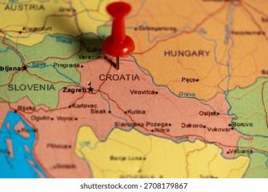 Red Pushpin on Map Marking Croatia's Inland Region: Central Europe