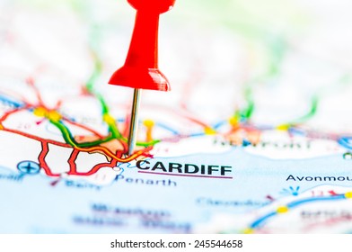 Red pushpin showing Cardiff City On Map, Wales, United Kingdom, Travel Destination Concept