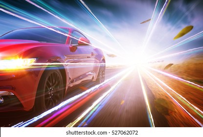 Red race car with light effect. 