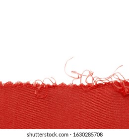 Red Rag Background With Torn Ragged Edge. Fabric Texture, Sewing Material, Torn Cloth. Cut Piece Of Fabric. Frame Isolated On A White Background. Template, Background, Empty Space.