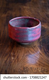 Red Raku Ware Hand Thrown Pottery Tea Bowl With Red Glaze, From Kyoto, Japan