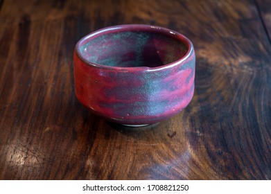 Red Raku Ware Hand Thrown Pottery Tea Bowl With Red Glaze, From Kyoto, Japan