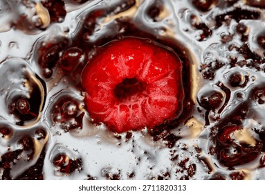 A red raspberry is floating in a liquid. The liquid is a dark red color. The raspberry is the only object in the image