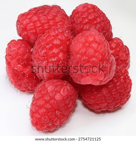 Red raspberry fruit with their characteristic knobbly surface. The plant that produces them belongs to the genus Ruber. A delicious summer time fruit.