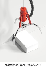 Red Realistic Claw Machine Takes White Box On White Background, 3d Rendering