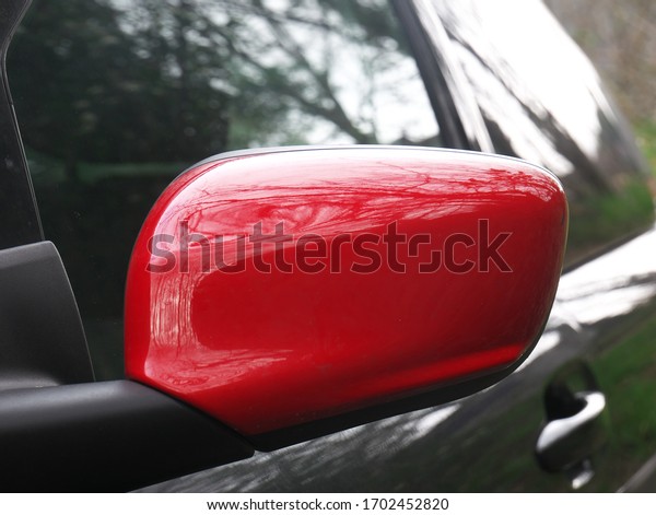 Red rear side mirror. Left side. Trees reflection\
on the window