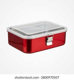 Red rectangular metal lunchbox with clear plastic lid and silver clasp keywords: lunchbox, food