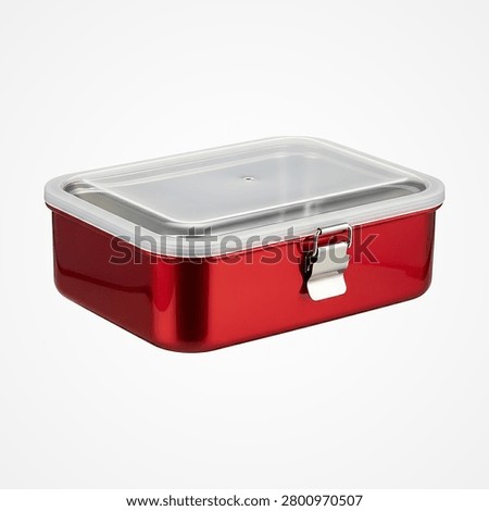 Red rectangular metal lunchbox with clear plastic lid and silver clasp keywords: lunchbox, food