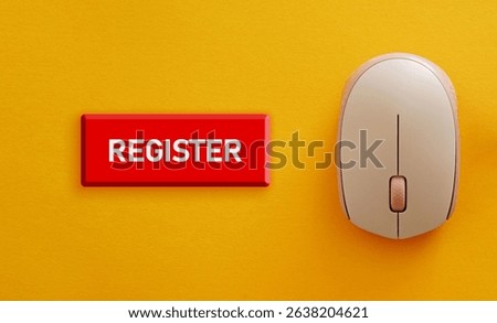 Red register button with computer mouse on the orange background