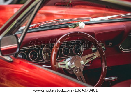 Red retro car close up interior