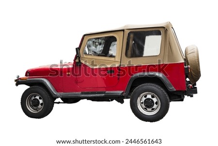 Red retro Jeep isolated on white background with clipping path. 