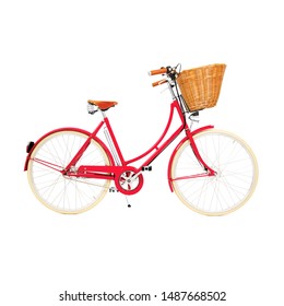 Red Retro Vintage Bicycle Isolated On White Background. Lady Beach Cruiser Bicycle Side View. Women's Multi-Speed Traveler Bike. Lightweight Classic Ladies Bike With Brown Wicker Basket