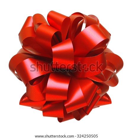 Red ribbon bow isolated on white background. Christmas decoration.