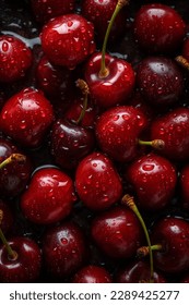 a lot of red ripe cherries close up with water drops