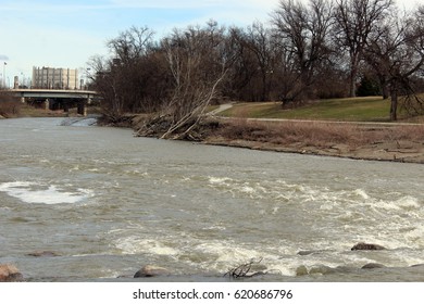 The Red River By Veterans Memorial Bridge In Fargo, North Dakota