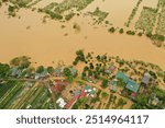 Red River flooding in Hanoi. Flooding after Typhoon Yagi. 10th September 2024. Flooding Red River in Hanoi in the Tay Ho district on the banks of the Red River. Drone shots.