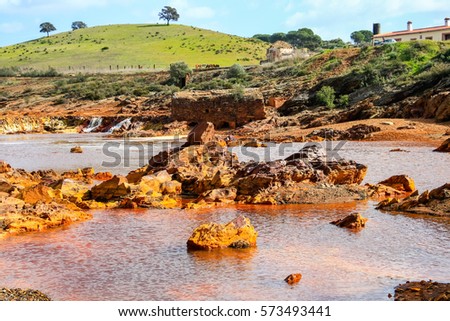Red river watermill with red - yellow acid stones. Red tinted river by copper on the ground. Water used in life study for life detection in Mars Stock photo © 
