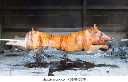 Red roasted juicy pig spinning on the spit