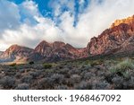 Red Rock Canyon Early Morning Sun on Bridge Mountain, Juniper Peak, Rainbow Wall, Rainbow Mountain, Mt Wilson with Mojave Yuccas and Buckhorn Cholla Cactus from Pine Creek Canyon Trailhead