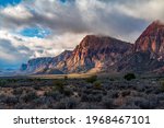 Red Rock Canyon Early Morning Sun on Rainbow Mountain, Mt Wilson with Mojave Yuccas and Buckhorn Cholla Cactus from Pine Creek Canyon Trailhead