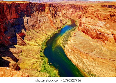 Red rock canyon road panoramic landscape. Mountain road in red rock canyon desert panorama Arizona Horseshoe Bend of Colorado River in Grand Canyon