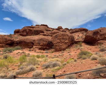 Red rock formations and sparse vegetation under a partly cloudy sky in a desert landscape, showcasing natural beauty and geology.