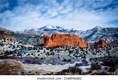 Red rocks of the snowy desert canyon. Canyon desert in snow. Snow covered canyon desert. Canyon desert landscape - Shutterstock ID 2168946683