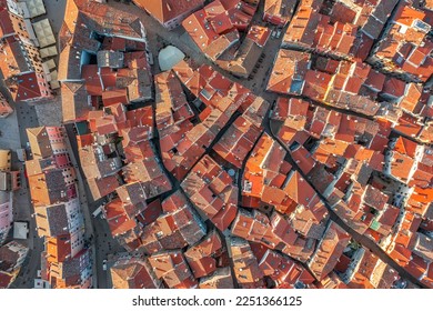 Red roofs of Rovinj old town, Istria, Croatia. Historic heritage background.