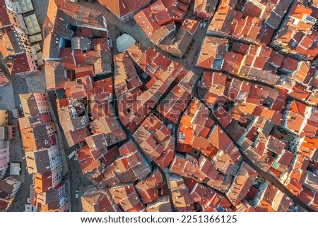 Red roofs of Rovinj old town, Istria, Croatia. Historic heritage background.