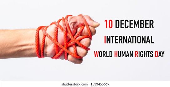 Red rope on lift hand with 10 december international HUMAN RIGHTS DAY text on white background, Human rights day concept