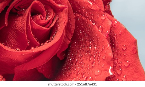 A red rose close-up photography. Concept of female gardening. Elegance and grace of a red rose flower bud in dew drops. Rose petals - Powered by Shutterstock