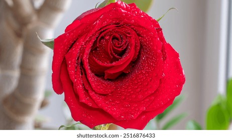 A red rose close-up photography. Concept of female gardening. Elegance and grace of a red rose flower bud in dew drops. Rose petals - Powered by Shutterstock