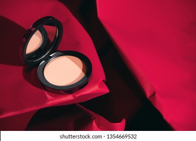 red rose color of beauty fashion makeup cosmetic face foundation with mirror product package mockup on paper texture - Shutterstock ID 1354669532