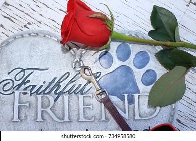 Red Rose And Dog Leash Placed On A Heart Shaped Plaque With A Paw Print On It 