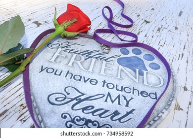 Red Rose And Dog Leash Surrounding A Heart Shaped Plaque With A Paw Print On It 