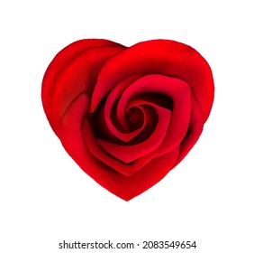 Red Rose flower in heart shape. Heart shaped red rose isolated on white background. Valentine's day celebration. Red rose, concept of Valentine's, anniversary, mother's day and birthday greeting.