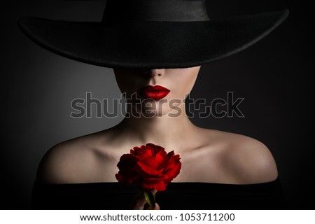Red Rose Flower Woman Lips and Black Hat, Elegant Fashion Model Beauty Portrait, Lady in Wide Broad Brim Hat on Dark Background