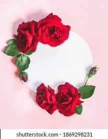 Red Rose Flowers And Buds Circle Frame Isolated On White. Flat Lay, Top View