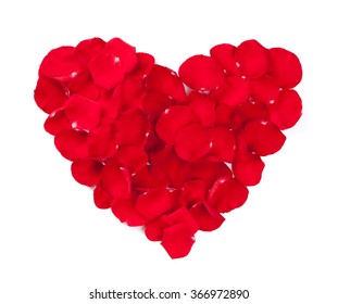 Red Rose Petals Heart. Isolated On White Background