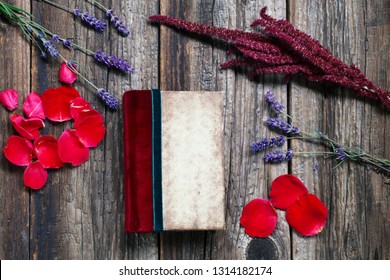 Red Rose Petals And Lavender With Vintage Notebook Arranged On Rustic Table. Love Concept. Flat Lay.-Image