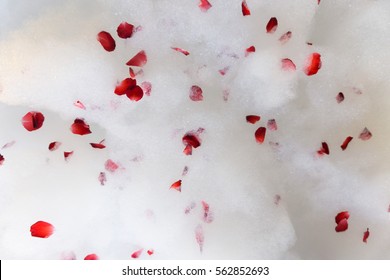 Red Rose Petals Scattered On The White Bath Bubbles On The Jacuzzi Tub, Top View