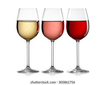 Red, Rose And White Wine Glasses In Line