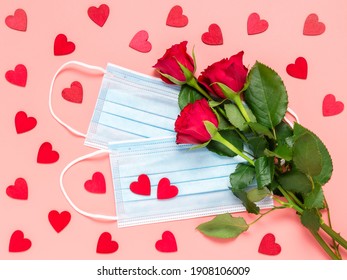 Red Roses And Disposable Medical Face Mask With Many Red Hearts On Pink Background. Mothers, Womens Or Valentines Day Celebration In Coronavirus Pandemic. New Normal, Dating, Love And Covid-19 Concept