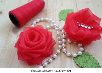 Red Roses Made By Hand From Organza Ribbon