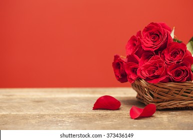 Red Roses On Wooden Table, Valentines Day