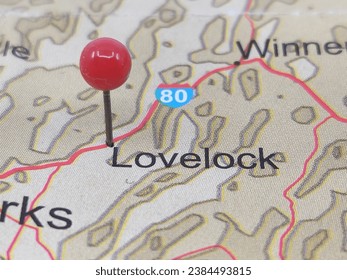 Red round tack on map of Lovelock, Nevada. This city is the county seat of Pershing County, NV.